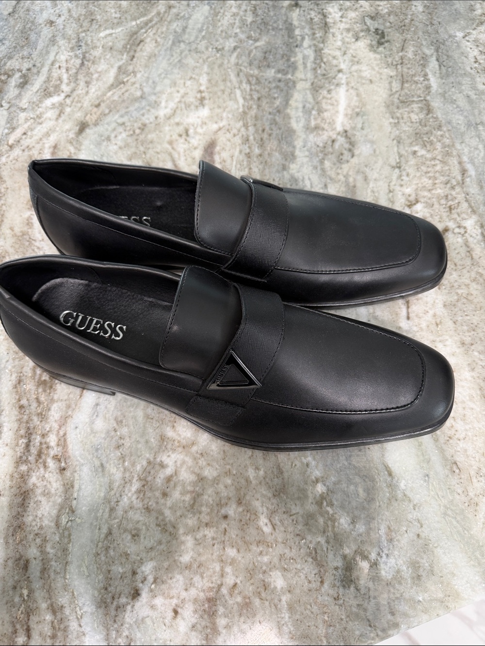 Guess Black Men's Leather Slip-On Loafers with Triangle Accent/New W/O Box / 12
